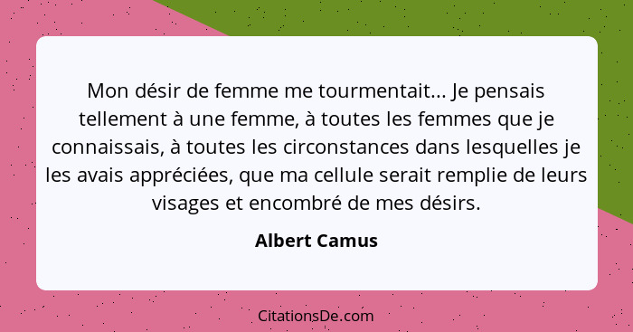 Mon désir de femme me tourmentait... Je pensais tellement à une femme, à toutes les femmes que je connaissais, à toutes les circonstanc... - Albert Camus
