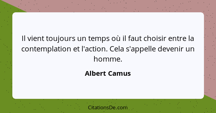 Il vient toujours un temps où il faut choisir entre la contemplation et l'action. Cela s'appelle devenir un homme.... - Albert Camus