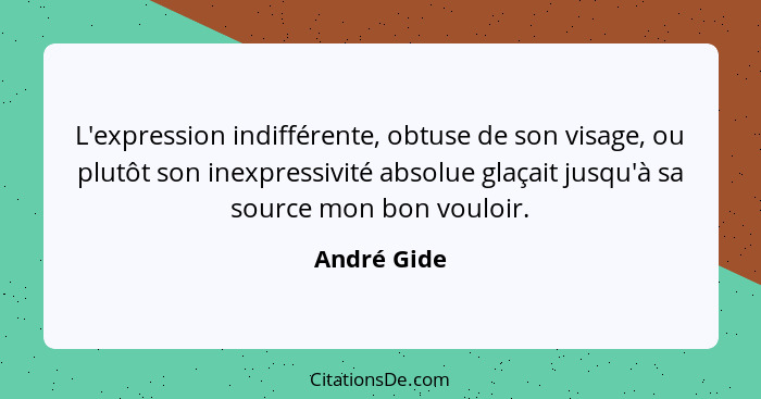 L'expression indifférente, obtuse de son visage, ou plutôt son inexpressivité absolue glaçait jusqu'à sa source mon bon vouloir.... - André Gide