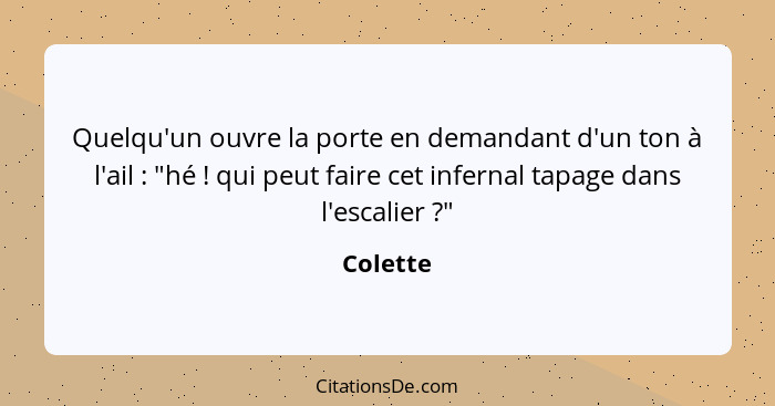 Quelqu'un ouvre la porte en demandant d'un ton à l'ail : "hé ! qui peut faire cet infernal tapage dans l'escalier ?"... - Colette