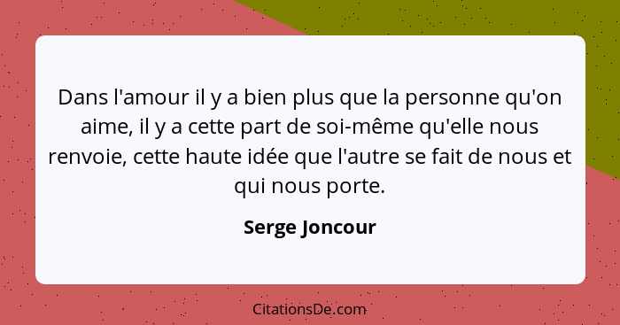 Dans l'amour il y a bien plus que la personne qu'on aime, il y a cette part de soi-même qu'elle nous renvoie, cette haute idée que l'a... - Serge Joncour