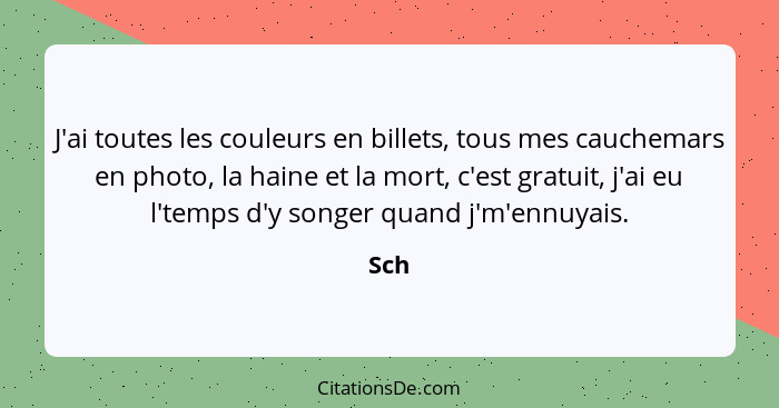 J'ai toutes les couleurs en billets, tous mes cauchemars en photo, la haine et la mort, c'est gratuit, j'ai eu l'temps d'y songer quand j'm'ennu... - Sch