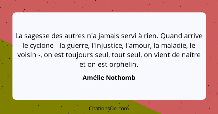 La sagesse des autres n'a jamais servi à rien. Quand arrive le cyclone - la guerre, l'injustice, l'amour, la maladie, le voisin -, on... - Amélie Nothomb