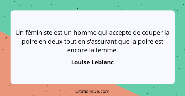 Un féministe est un homme qui accepte de couper la poire en deux tout en s'assurant que la poire est encore la femme.... - Louise Leblanc