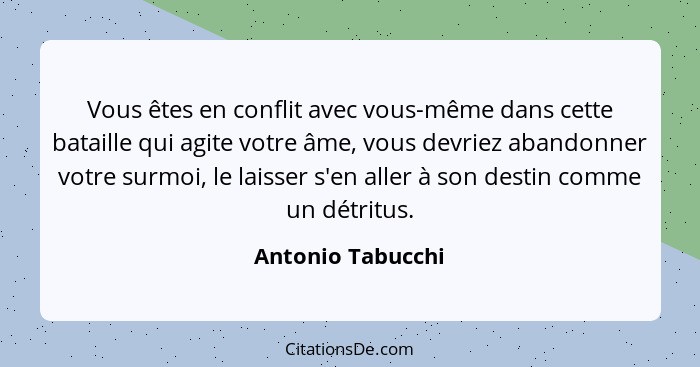 Vous êtes en conflit avec vous-même dans cette bataille qui agite votre âme, vous devriez abandonner votre surmoi, le laisser s'en... - Antonio Tabucchi