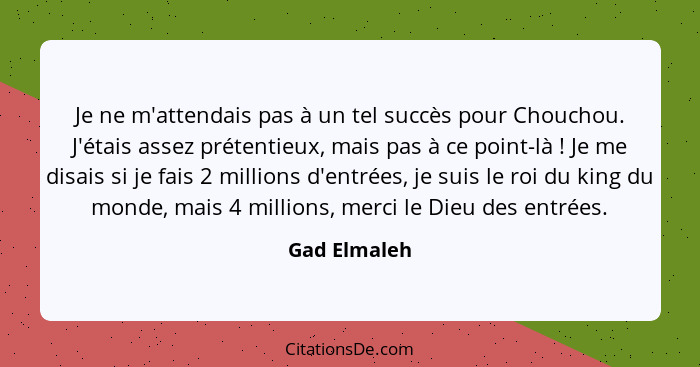 Je ne m'attendais pas à un tel succès pour Chouchou. J'étais assez prétentieux, mais pas à ce point-là ! Je me disais si je fais 2... - Gad Elmaleh