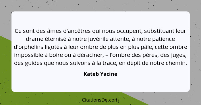 Ce sont des âmes d'ancêtres qui nous occupent, substituant leur drame éternisé à notre juvénile attente, à notre patience d'orphelins l... - Kateb Yacine