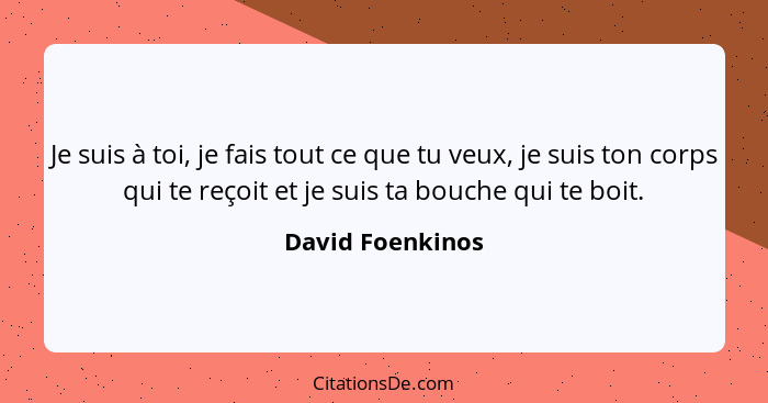 Je suis à toi, je fais tout ce que tu veux, je suis ton corps qui te reçoit et je suis ta bouche qui te boit.... - David Foenkinos