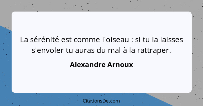 La sérénité est comme l'oiseau : si tu la laisses s'envoler tu auras du mal à la rattraper.... - Alexandre Arnoux