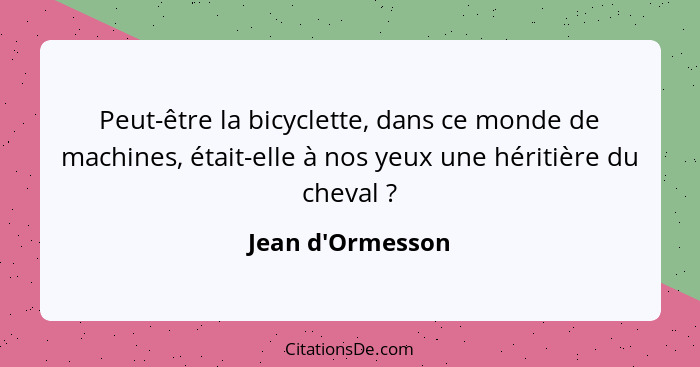 Peut-être la bicyclette, dans ce monde de machines, était-elle à nos yeux une héritière du cheval ?... - Jean d'Ormesson