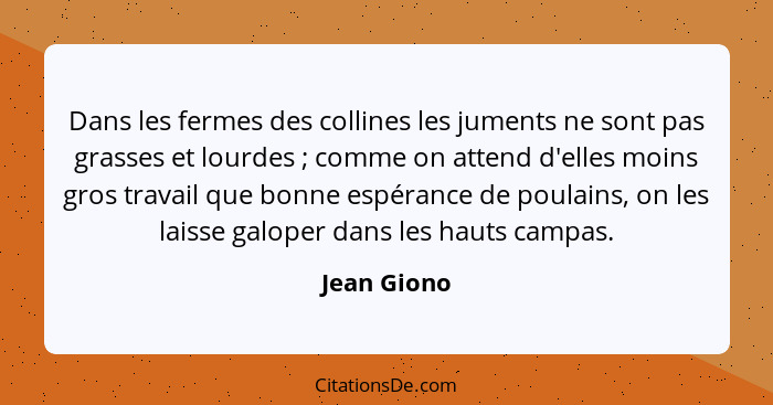 Dans les fermes des collines les juments ne sont pas grasses et lourdes ; comme on attend d'elles moins gros travail que bonne espér... - Jean Giono