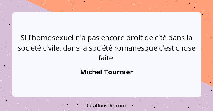 Si l'homosexuel n'a pas encore droit de cité dans la société civile, dans la société romanesque c'est chose faite.... - Michel Tournier