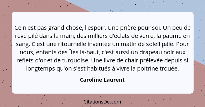 Ce n'est pas grand-chose, l'espoir. Une prière pour soi. Un peu de rêve pilé dans la main, des milliers d'éclats de verre, la paume... - Caroline Laurent