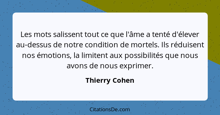 Les mots salissent tout ce que l'âme a tenté d'élever au-dessus de notre condition de mortels. Ils réduisent nos émotions, la limitent... - Thierry Cohen