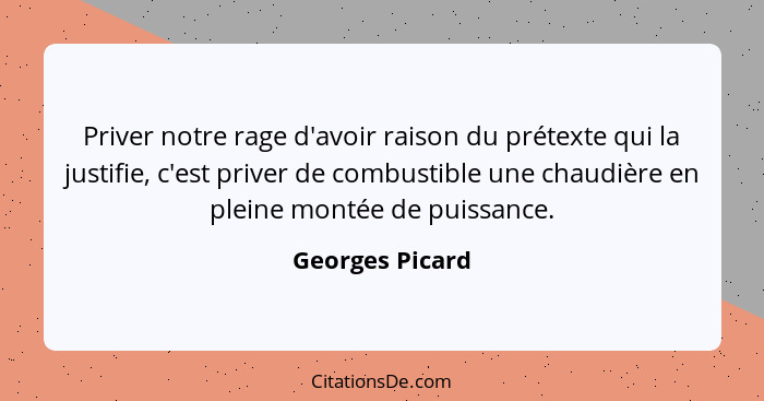 Priver notre rage d'avoir raison du prétexte qui la justifie, c'est priver de combustible une chaudière en pleine montée de puissance... - Georges Picard