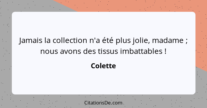 Jamais la collection n'a été plus jolie, madame ; nous avons des tissus imbattables !... - Colette