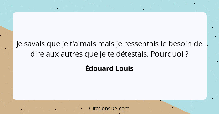 Je savais que je t'aimais mais je ressentais le besoin de dire aux autres que je te détestais. Pourquoi ?... - Édouard Louis