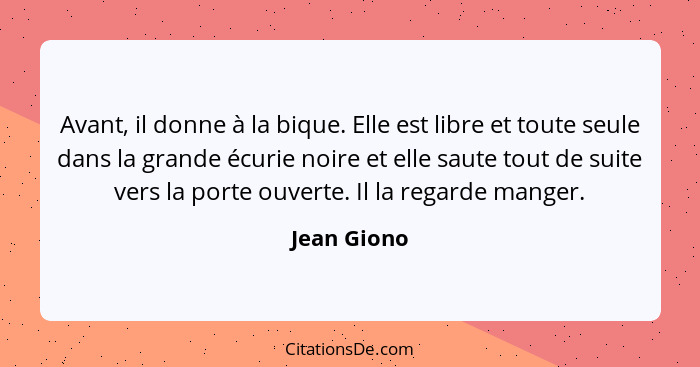 Avant, il donne à la bique. Elle est libre et toute seule dans la grande écurie noire et elle saute tout de suite vers la porte ouverte.... - Jean Giono