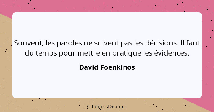 Souvent, les paroles ne suivent pas les décisions. Il faut du temps pour mettre en pratique les évidences.... - David Foenkinos