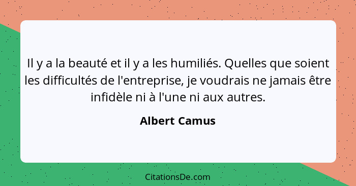 Il y a la beauté et il y a les humiliés. Quelles que soient les difficultés de l'entreprise, je voudrais ne jamais être infidèle ni à l... - Albert Camus