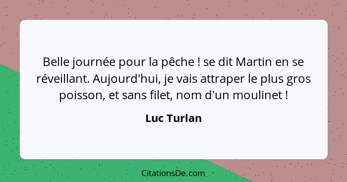 Belle journée pour la pêche ! se dit Martin en se réveillant. Aujourd'hui, je vais attraper le plus gros poisson, et sans filet, nom... - Luc Turlan