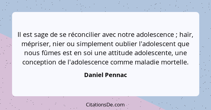 Il est sage de se réconcilier avec notre adolescence ; haïr, mépriser, nier ou simplement oublier l'adolescent que nous fûmes est... - Daniel Pennac