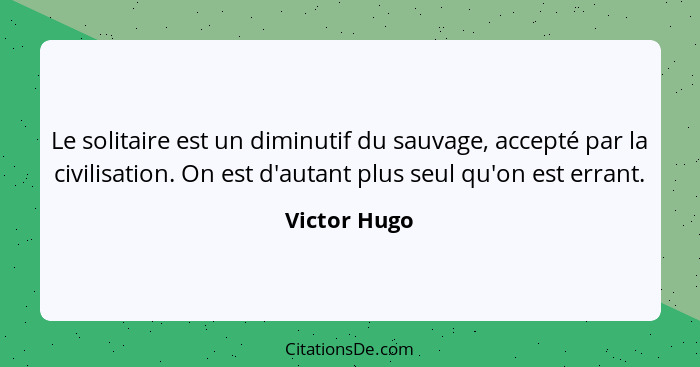 Le solitaire est un diminutif du sauvage, accepté par la civilisation. On est d'autant plus seul qu'on est errant.... - Victor Hugo