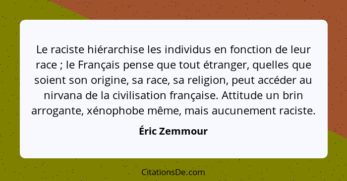 Le raciste hiérarchise les individus en fonction de leur race ; le Français pense que tout étranger, quelles que soient son origin... - Éric Zemmour