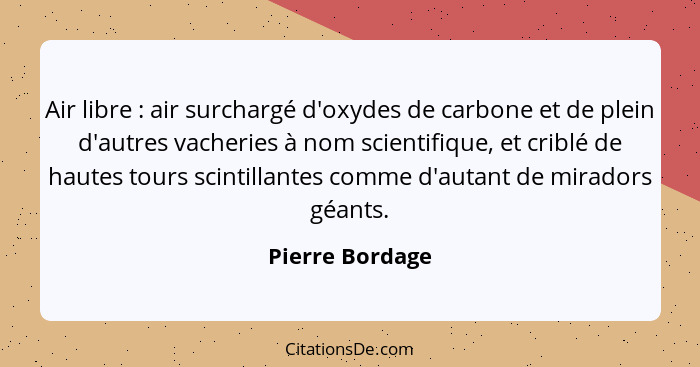 Air libre : air surchargé d'oxydes de carbone et de plein d'autres vacheries à nom scientifique, et criblé de hautes tours scint... - Pierre Bordage