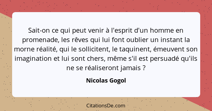 Sait-on ce qui peut venir à l'esprit d'un homme en promenade, les rêves qui lui font oublier un instant la morne réalité, qui le solli... - Nicolas Gogol