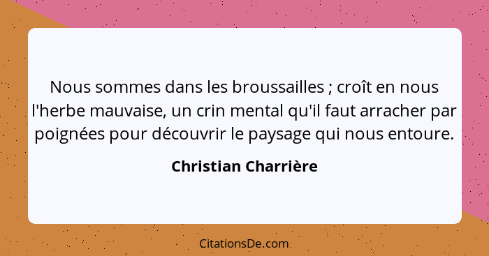 Nous sommes dans les broussailles ; croît en nous l'herbe mauvaise, un crin mental qu'il faut arracher par poignées pour dé... - Christian Charrière