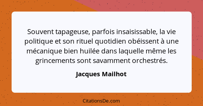 Souvent tapageuse, parfois insaisissable, la vie politique et son rituel quotidien obéissent à une mécanique bien huilée dans laquel... - Jacques Mailhot