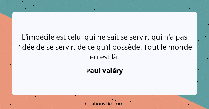 L'imbécile est celui qui ne sait se servir, qui n'a pas l'idée de se servir, de ce qu'il possède. Tout le monde en est là.... - Paul Valéry