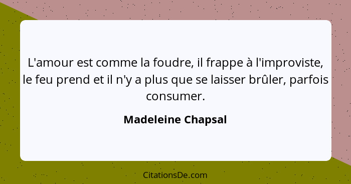 L'amour est comme la foudre, il frappe à l'improviste, le feu prend et il n'y a plus que se laisser brûler, parfois consumer.... - Madeleine Chapsal