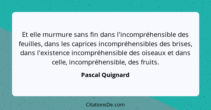 Et elle murmure sans fin dans l'incompréhensible des feuilles, dans les caprices incompréhensibles des brises, dans l'existence inco... - Pascal Quignard