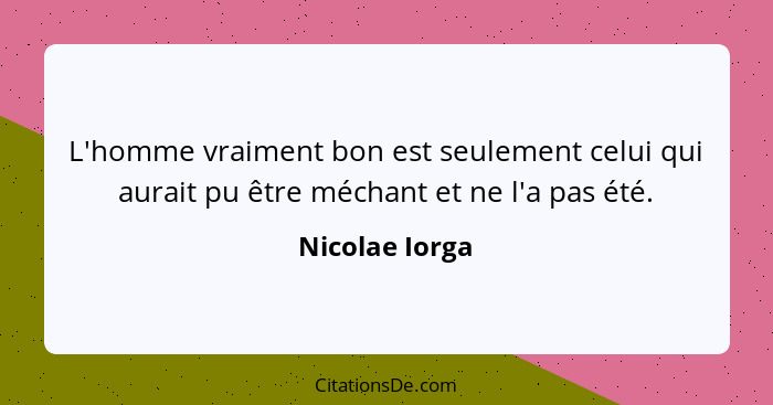 L'homme vraiment bon est seulement celui qui aurait pu être méchant et ne l'a pas été.... - Nicolae Iorga