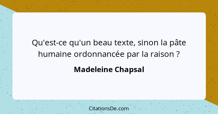 Qu'est-ce qu'un beau texte, sinon la pâte humaine ordonnancée par la raison ?... - Madeleine Chapsal