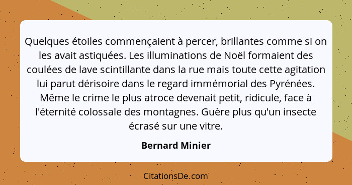 Quelques étoiles commençaient à percer, brillantes comme si on les avait astiquées. Les illuminations de Noël formaient des coulées d... - Bernard Minier