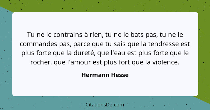 Tu ne le contrains à rien, tu ne le bats pas, tu ne le commandes pas, parce que tu sais que la tendresse est plus forte que la dureté,... - Hermann Hesse