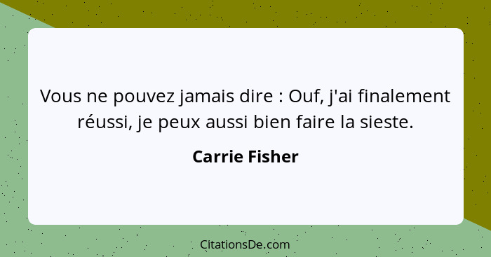 Vous ne pouvez jamais dire : Ouf, j'ai finalement réussi, je peux aussi bien faire la sieste.... - Carrie Fisher