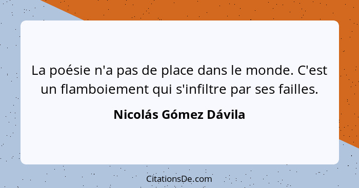 La poésie n'a pas de place dans le monde. C'est un flamboiement qui s'infiltre par ses failles.... - Nicolás Gómez Dávila