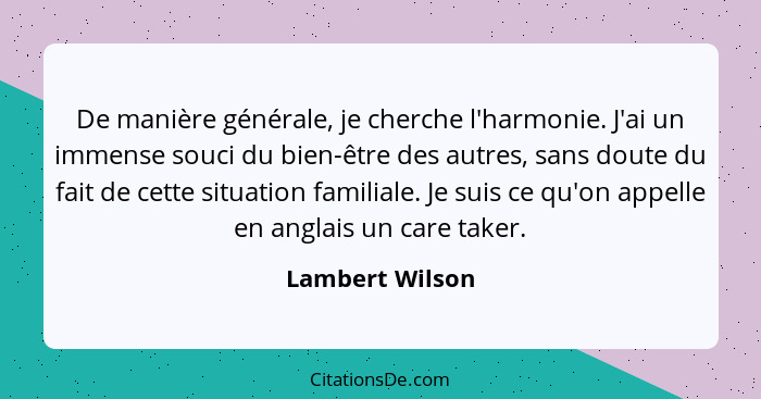 De manière générale, je cherche l'harmonie. J'ai un immense souci du bien-être des autres, sans doute du fait de cette situation fami... - Lambert Wilson