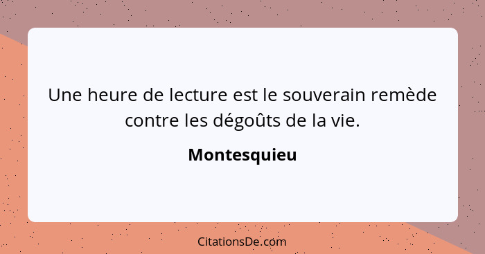 Une heure de lecture est le souverain remède contre les dégoûts de la vie.... - Montesquieu