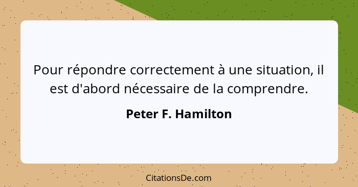 Pour répondre correctement à une situation, il est d'abord nécessaire de la comprendre.... - Peter F. Hamilton