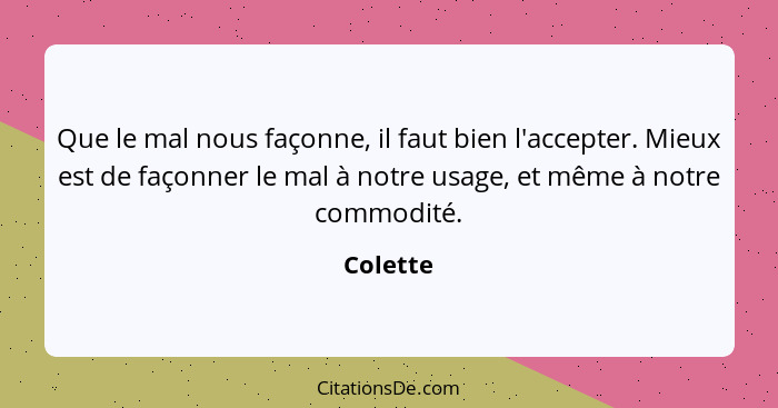 Que le mal nous façonne, il faut bien l'accepter. Mieux est de façonner le mal à notre usage, et même à notre commodité.... - Colette