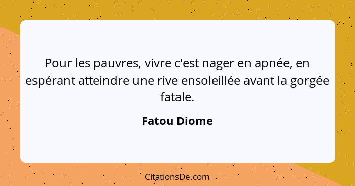 Pour les pauvres, vivre c'est nager en apnée, en espérant atteindre une rive ensoleillée avant la gorgée fatale.... - Fatou Diome