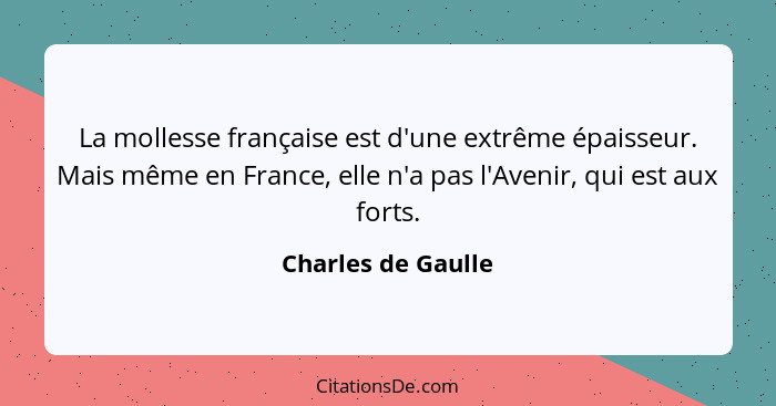 La mollesse française est d'une extrême épaisseur. Mais même en France, elle n'a pas l'Avenir, qui est aux forts.... - Charles de Gaulle