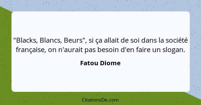 "Blacks, Blancs, Beurs", si ça allait de soi dans la société française, on n'aurait pas besoin d'en faire un slogan.... - Fatou Diome