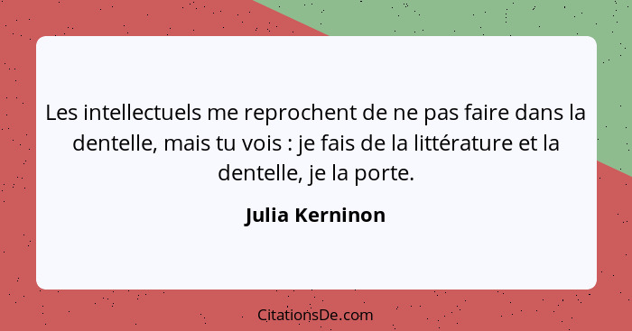 Les intellectuels me reprochent de ne pas faire dans la dentelle, mais tu vois : je fais de la littérature et la dentelle, je la... - Julia Kerninon