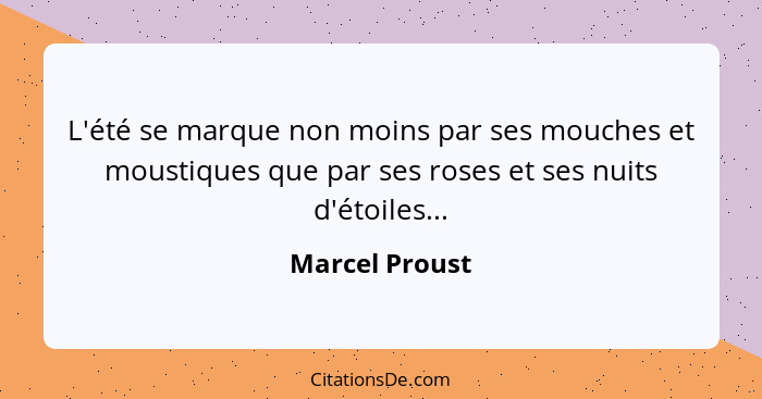 L'été se marque non moins par ses mouches et moustiques que par ses roses et ses nuits d'étoiles...... - Marcel Proust